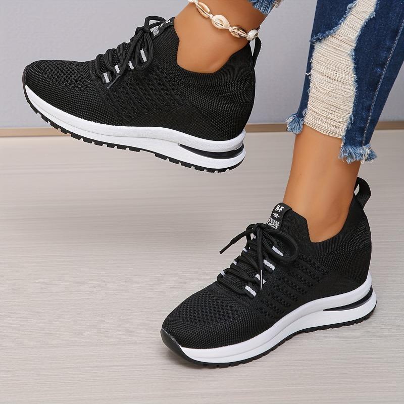 Big Yards Within The High Women's Shoes 2025 Summer New Casual Lace Thick Bottom Slope with Flyknit Mesh Shoes Female