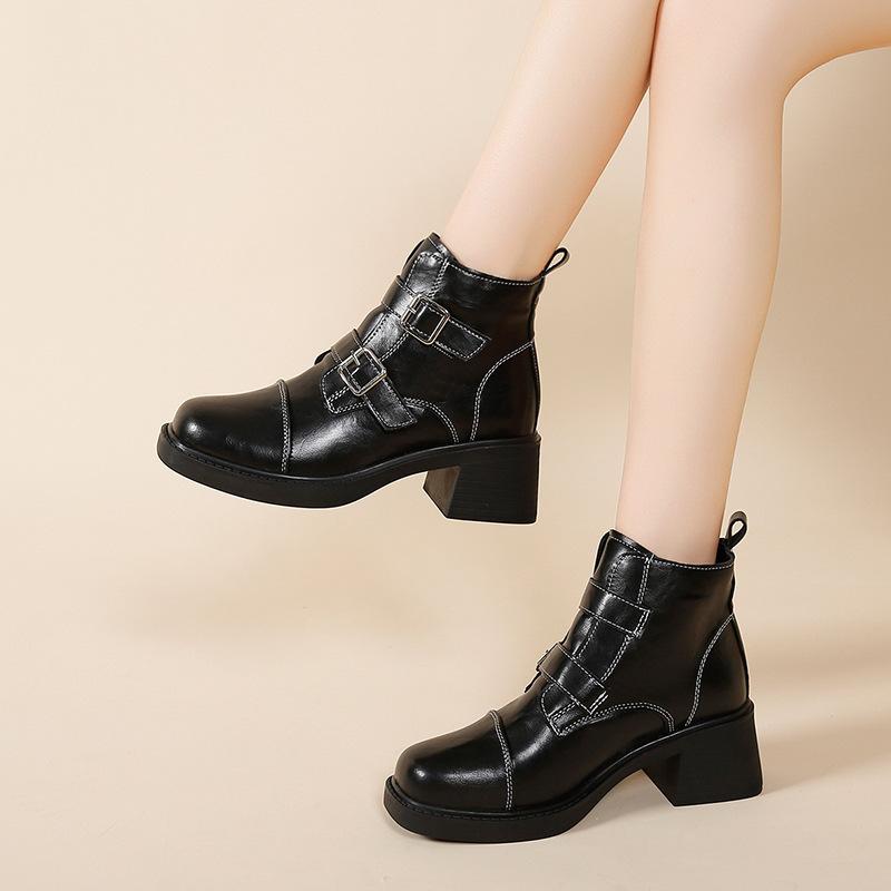 Thick-soled thick-heeled Martin boots  new autumn fashion British style single boots black skirt short boots