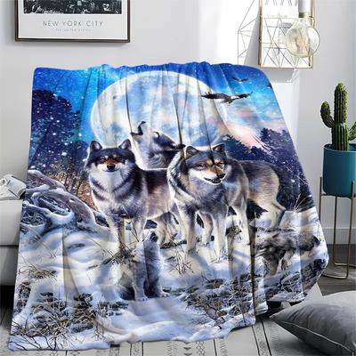 1Pc Wolves Print Flannel Blanket, High Quality Comfortable for All Seasons, Home Decor, Warmth and Comfort, Perfect for Gifts