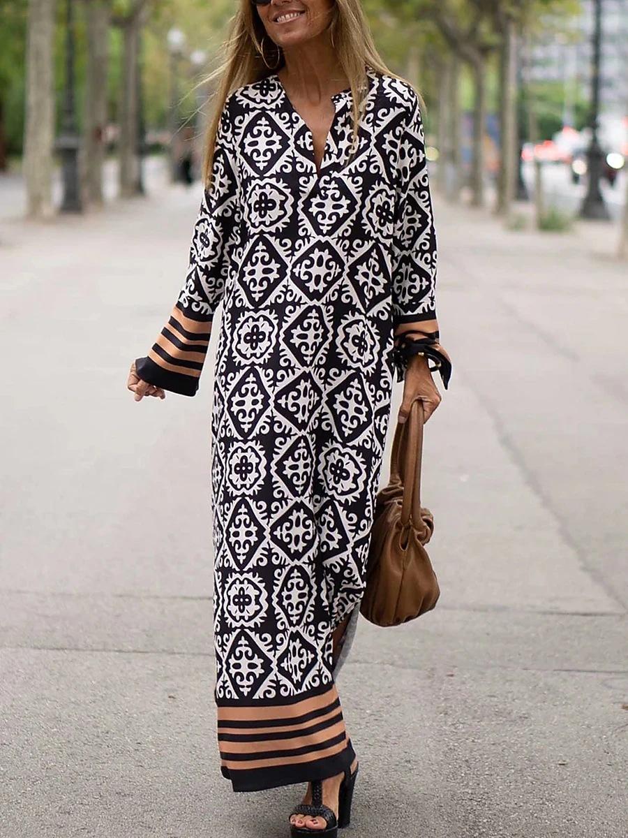 New women s summer/autumn printed dress, vintage casual geometric color-block tribe slit V-neck long-sleeve vacation dress S чёрный