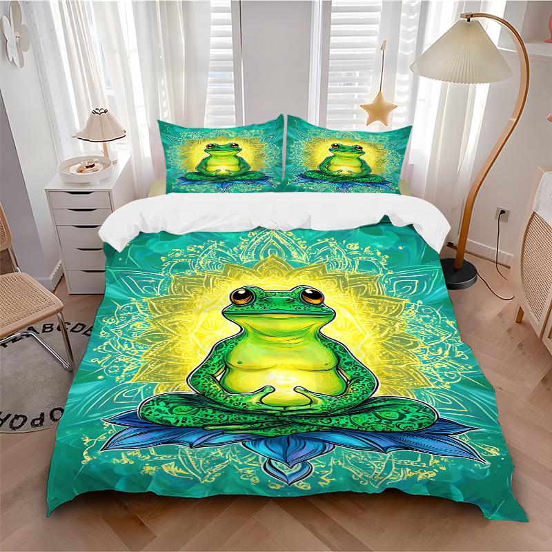 3pcs Meditation Frog Bedding Set - 1 Duvet Cover + 2 Pillowcases(Core Not Included), Machine Washable Polyester Yy251216167