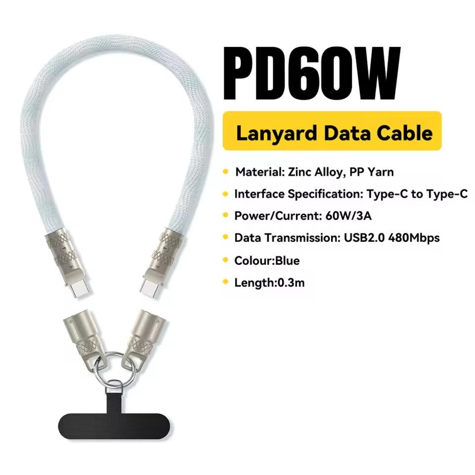 Essager 2 In 1 Type-C C To Type-C Fast Charging Cable Data Cord with Neck Straps Lanyard 60W PD Cable For iPhone Samsung Huawei