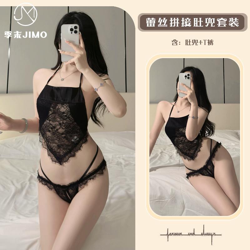 Sex underwear new sexy lace satin splicing neck belly pocket three-point empty suit women 3061