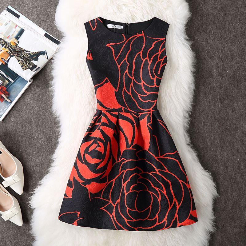 

New Arrival Women s Clothing Fashion Print Dress Silm Slim Looking Sleeveless A- line Skirt Black M