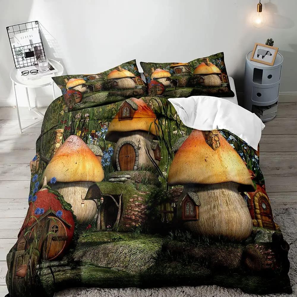 Psychedelic Mushroom Duvet Set Plant Bohemian Theme Bedding Quilt Set Three-Piece Set
