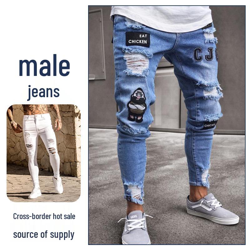 European and American Men's Ripped Badge Skinny Jeans