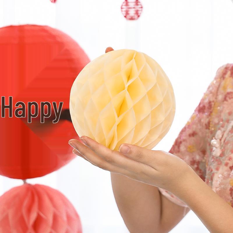 Wedding Double Happiness Garland & Lantern Set with Honeycomb Ball Columns for Background Decor