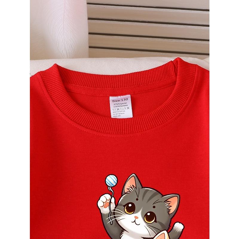 Kids Long‑Sleeve Crewneck Sweatshirt, Cute Kittens Playing Yarn Ball Print,Daily Casual Top for Spring & Autumn
