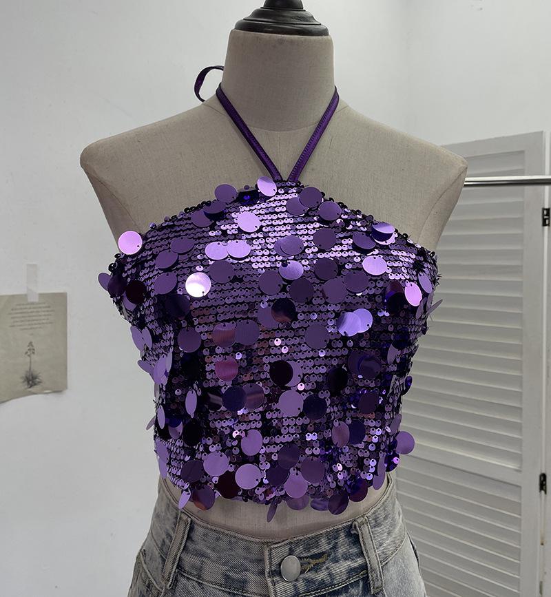 Halter Crop Top with Sequins and Open Back (Style 1083)