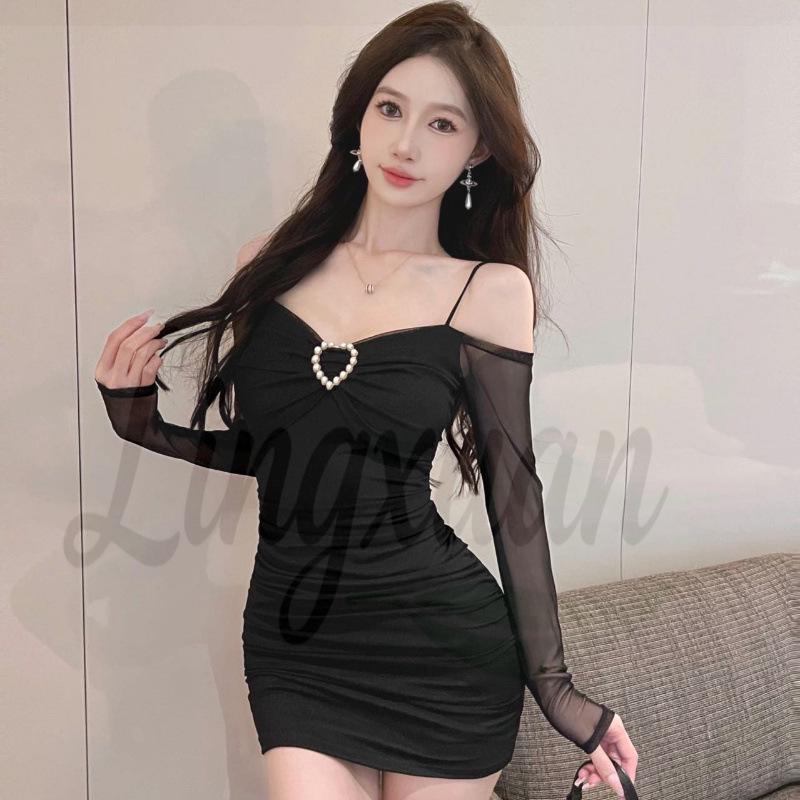 Elegant Off-the-Shoulder Mesh Bodycon Dress with Long Sleeves