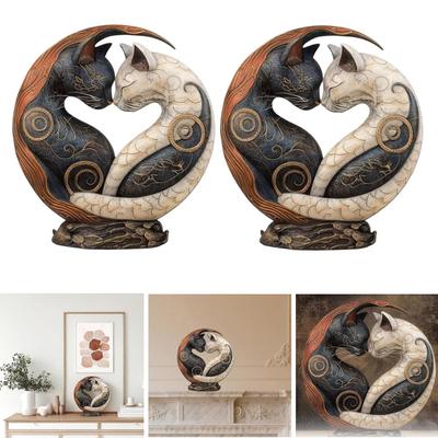 1/2Pcs Black White Cat Figurine Chinese Style Yin Yang Art Cat Statue Resin Sculpture Home Office Desktop Decoration Ornament