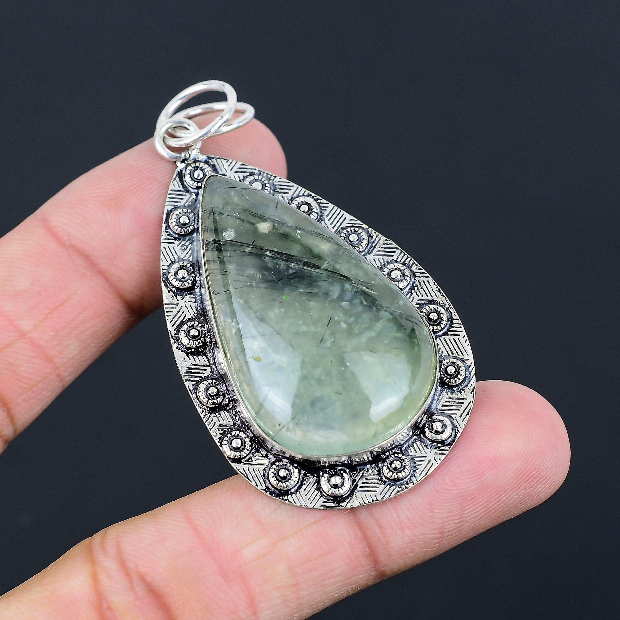 Womens day Deal Moss Moss Prehnite Stone Sterling Silver Wife Bezel Boho Pendant