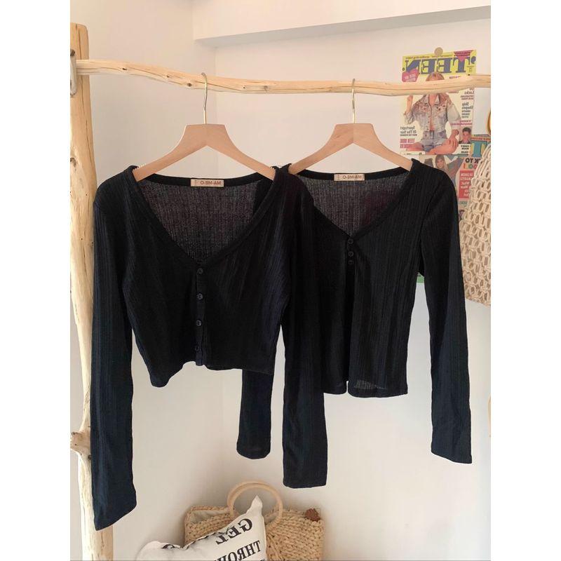 

Export High Waist Short V-neck Breasted Knitting Cardigan Pullover Tops Three-breasted Buckle (coffee M