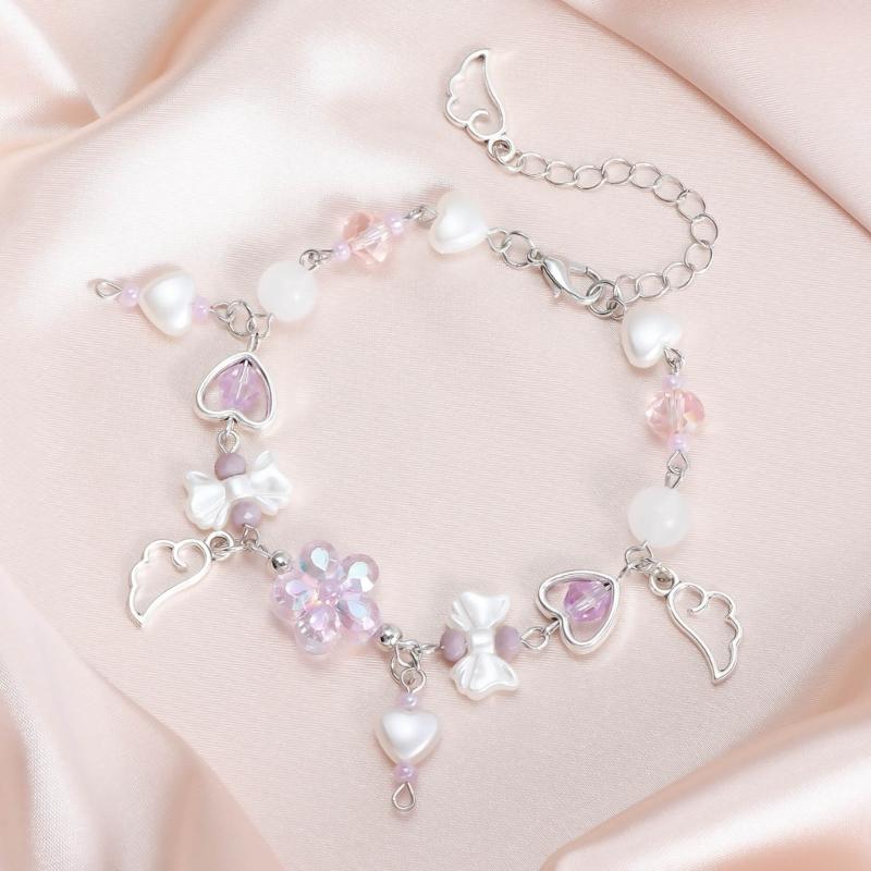 Handmade Angel Wing Bracelet Cute Bowknot Beaded Wristband Adjustable Chain Aesthetic Jewelry Gift for Women and Girls
