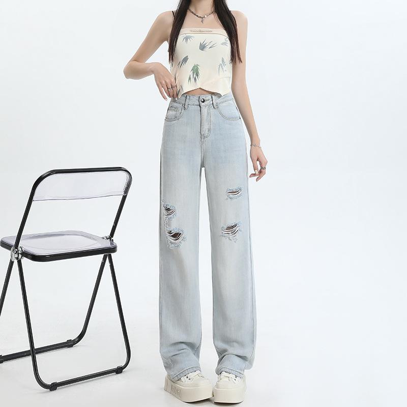 Summer Lyocell Tencel Narrow Wide Leg Tummy Control High Waist Soft Drape Slim Denim Pants Ladies Casual Pants Oversize Denim Trousers