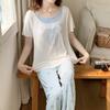 Wumida Thin Modal Pajamas Women's Refreshing Summer Vacation Two-piece Short Sleeve Pants Set Loungewear with Chest Pad