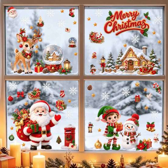 Christmas Window Clings Cling, PVC Waterproof Santa Claus/ Elf Snowman/Elk/House Stickers, Reusable Easy Peel And Stick Holiday Decor Glass