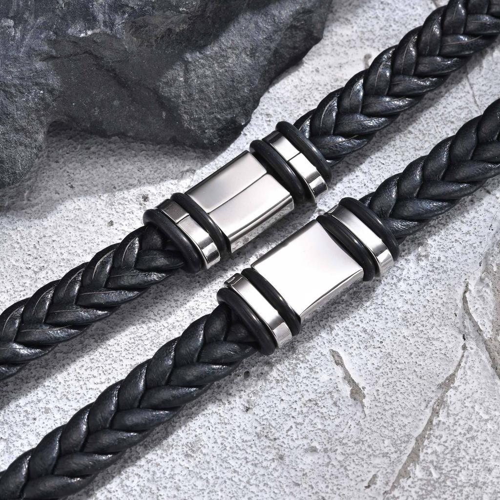 Vnox Free Custom Name Bracelet, Braided Genuine Leather Wristband, Stainless Steel Square Charm Jewelry Gifts to Father Dad Boys