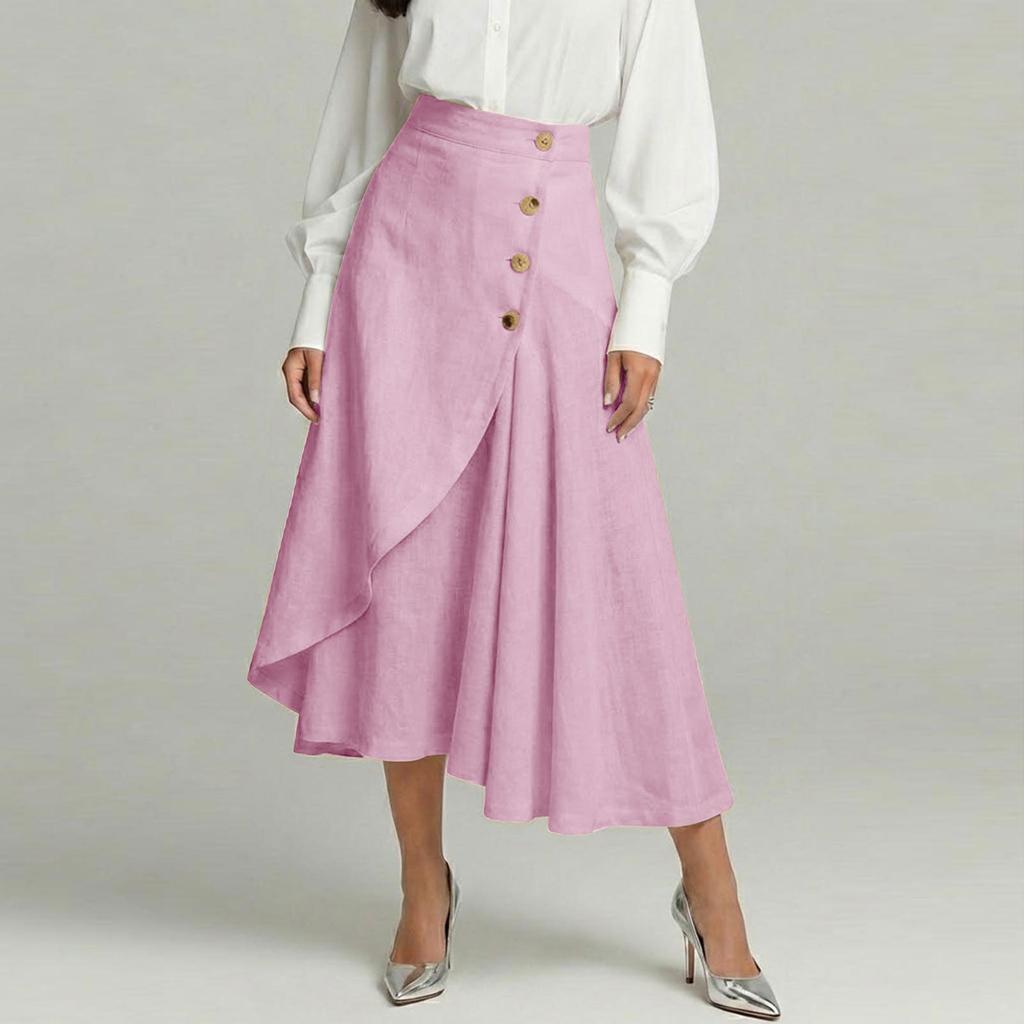 Women's Fashionable Cotton-Linen High-Waisted Button-Front Asymmetrical -Color Skirt