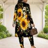Women Plus Size Teal Floral Printed 3 Piece Set Long Sleeve Open Front Cardigan Crop Top Long Pants