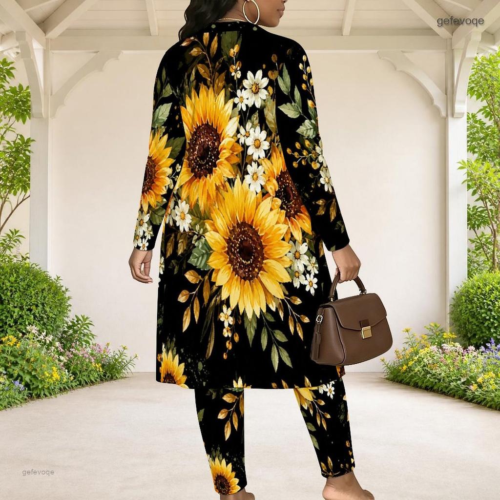 Women Plus Size Teal Floral Printed 3 Piece Set Long Sleeve Open Front Cardigan Crop Top Long Pants