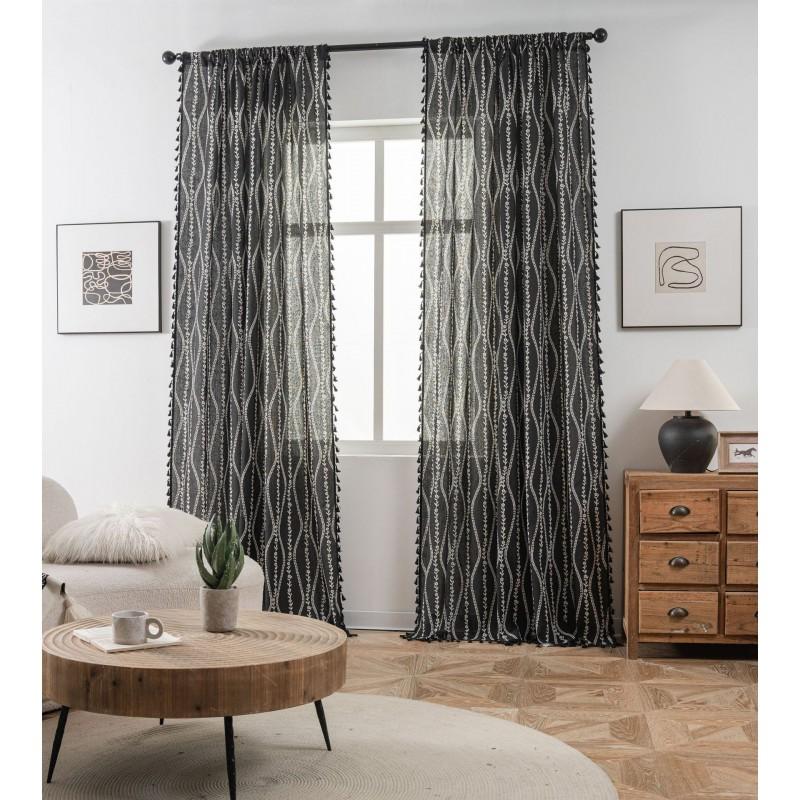 American Vintage Style Printed Curtains With Tassels Semi-Sheer Privacy Drapes Bedroom Living Room Door Decor