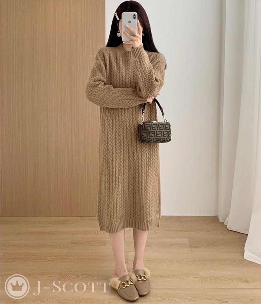J-Scott Women's Knit Cable Knit Dress, Round Neck, Knee-Length, I-Line, Brown, JS118-BR-M (Limited Stock)