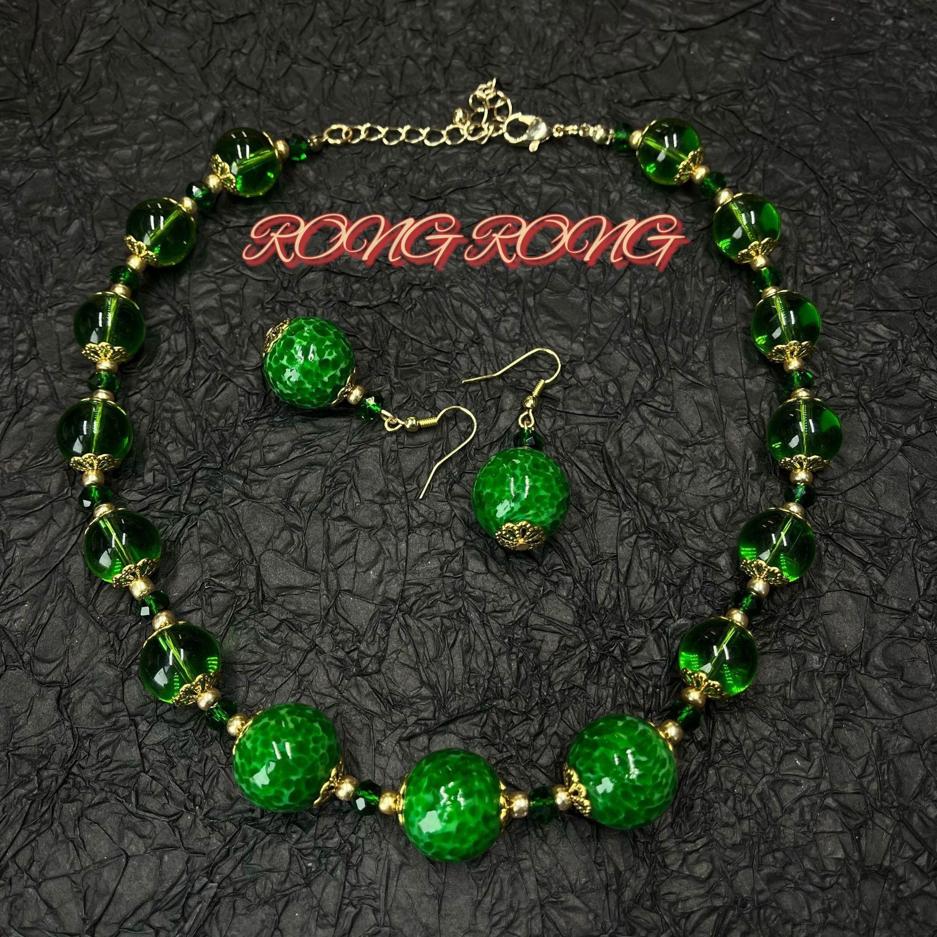

Vintage Old Material Green Frog Skin Dotted Emerald Glass Earnail Necklace Set Ancient French Elegant Earrings