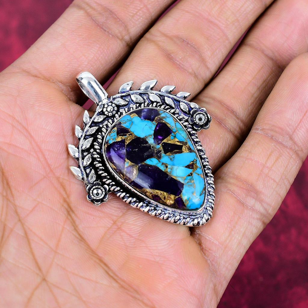 Kupfer Amethyst Türkis Schmuck, 925 Massiv Sterlingsilber Anhänger Handgefertigter Edelsteinschmuck, Geschenke für Ehefrau Brandneuer Anhänger