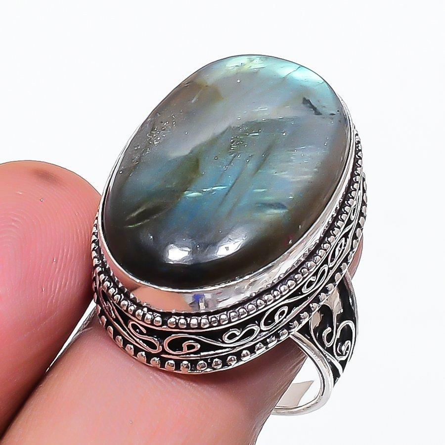 Natural Labradorite Gemstone 925 Sterling Silver Jewelry Ring Size 10 y0B61