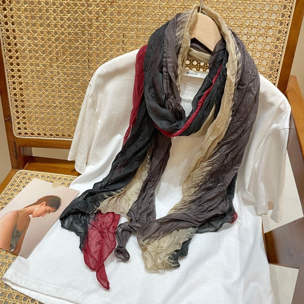 Literature and Art, Fresh and Retro, Gradual Change of Color, Long Cotton and Linen Scarf, Shawl, Foreign Style, Versatile Folds, Multi-colored Scarf
