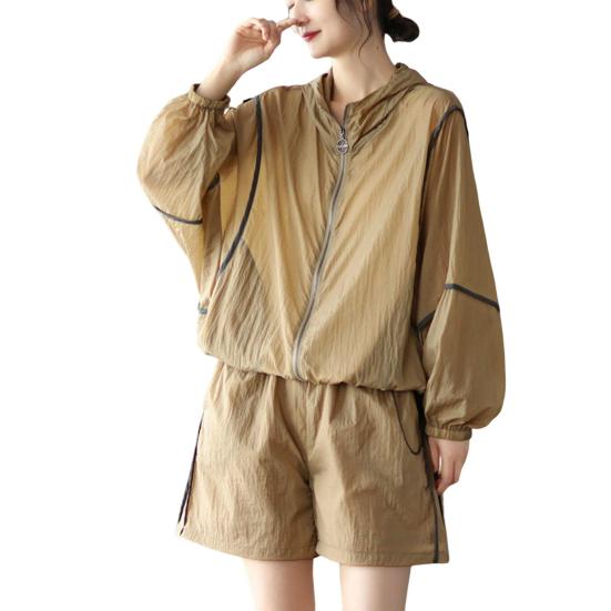 2 Pcs/Set Women Coat Shorts Set Zipper Closure Hooded Long Sleeve Loose Top Drawstring Elastic Waist Short Pants Tracksuit Casual Sport Clothes