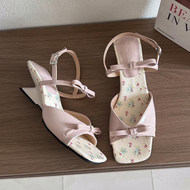 Summer Square Toe Shallow Women Slippers Bow Elegant Mid Heels Shoes Designer Pumps 2025 Trend Fad New Brand Sandalias De Mujer