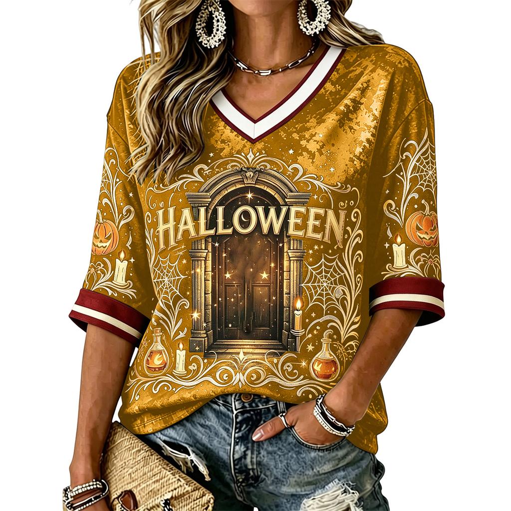 Women's Casual Halloween Print V-Neck T-Shirt