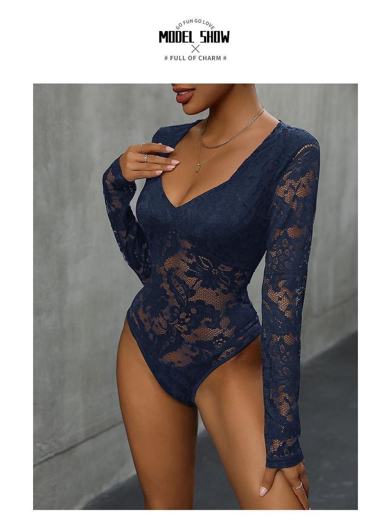 Body da Donna con Scollo Quadrato e Patchwork di Pizzo - Sexy Monopezzo a Manica Lunga