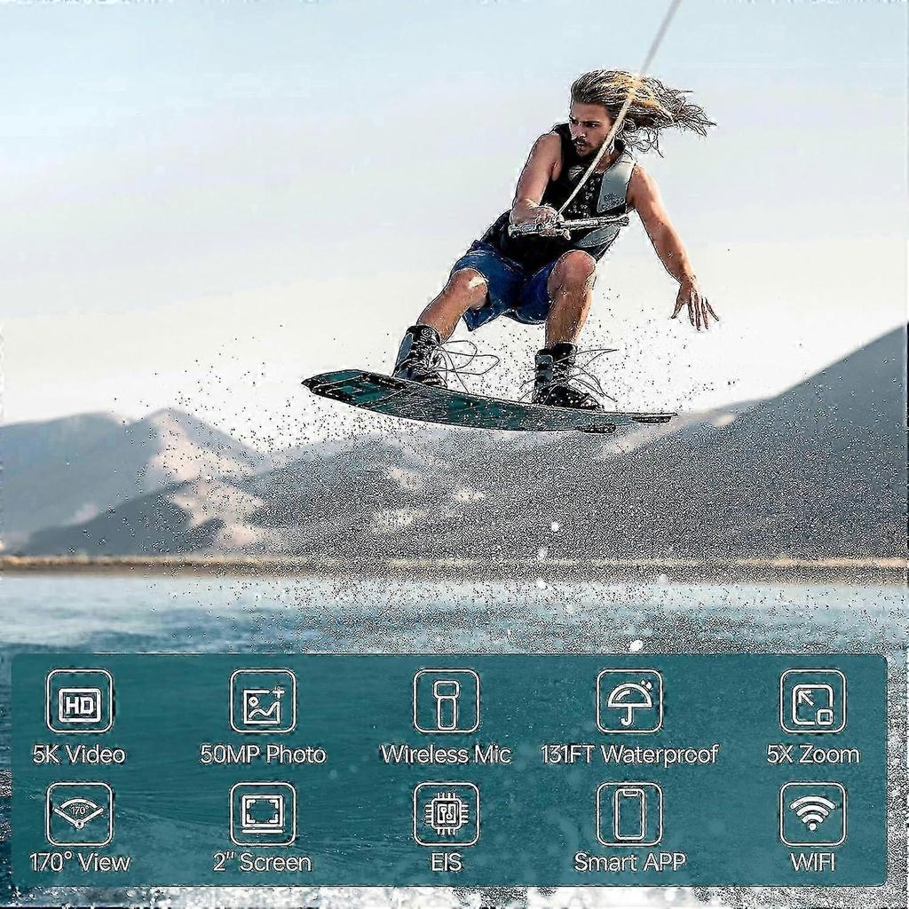 5K Waterproof Action Camera 30FPS Snorkeling Swimming Audio Recording EIS Stabilization Wireless Microphone Support