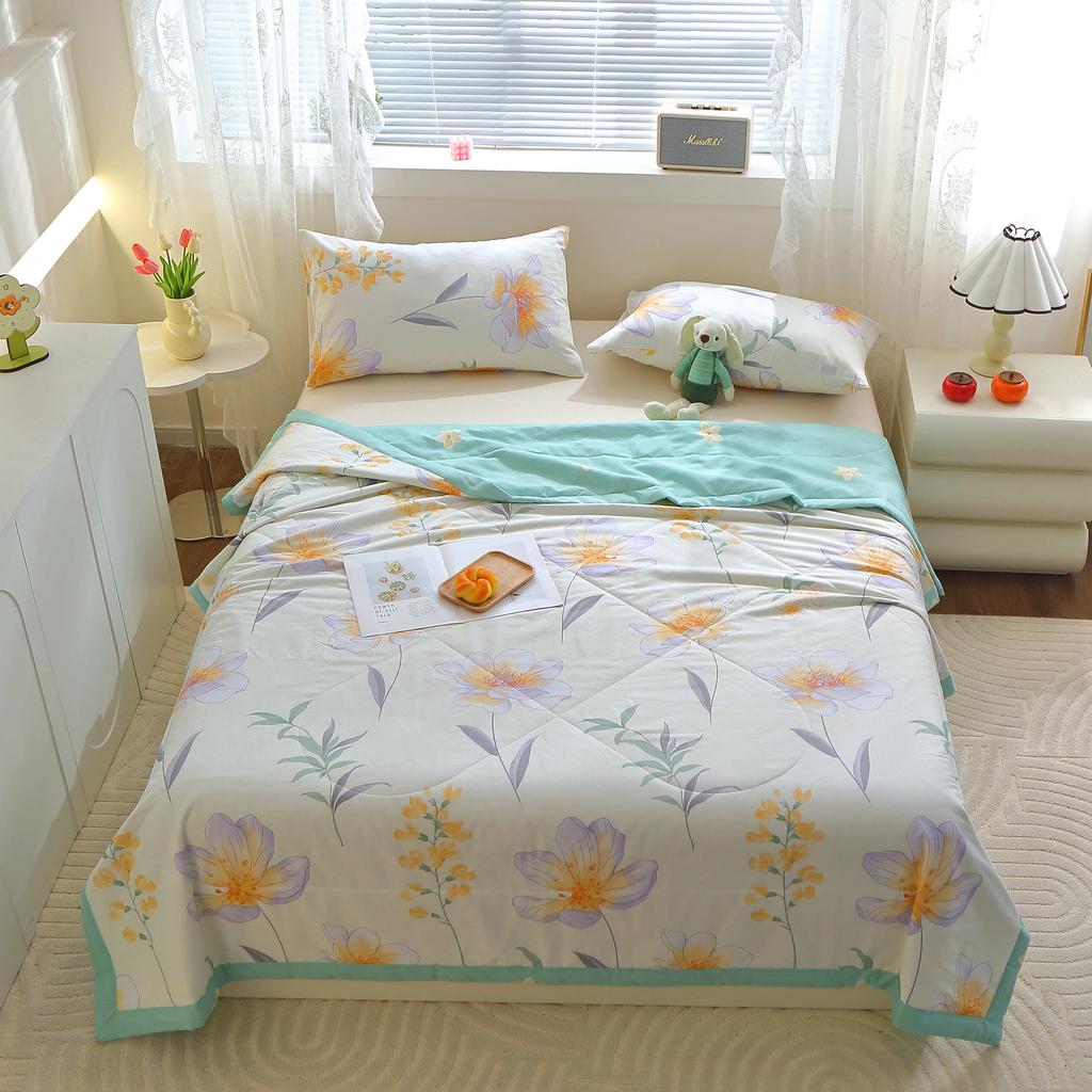 Floral Rainbow Pattern Quilt 100% Cotton Skin-friendly Comfortable Flowers Print Air Conditioning Quilt for Kids Teens Adults