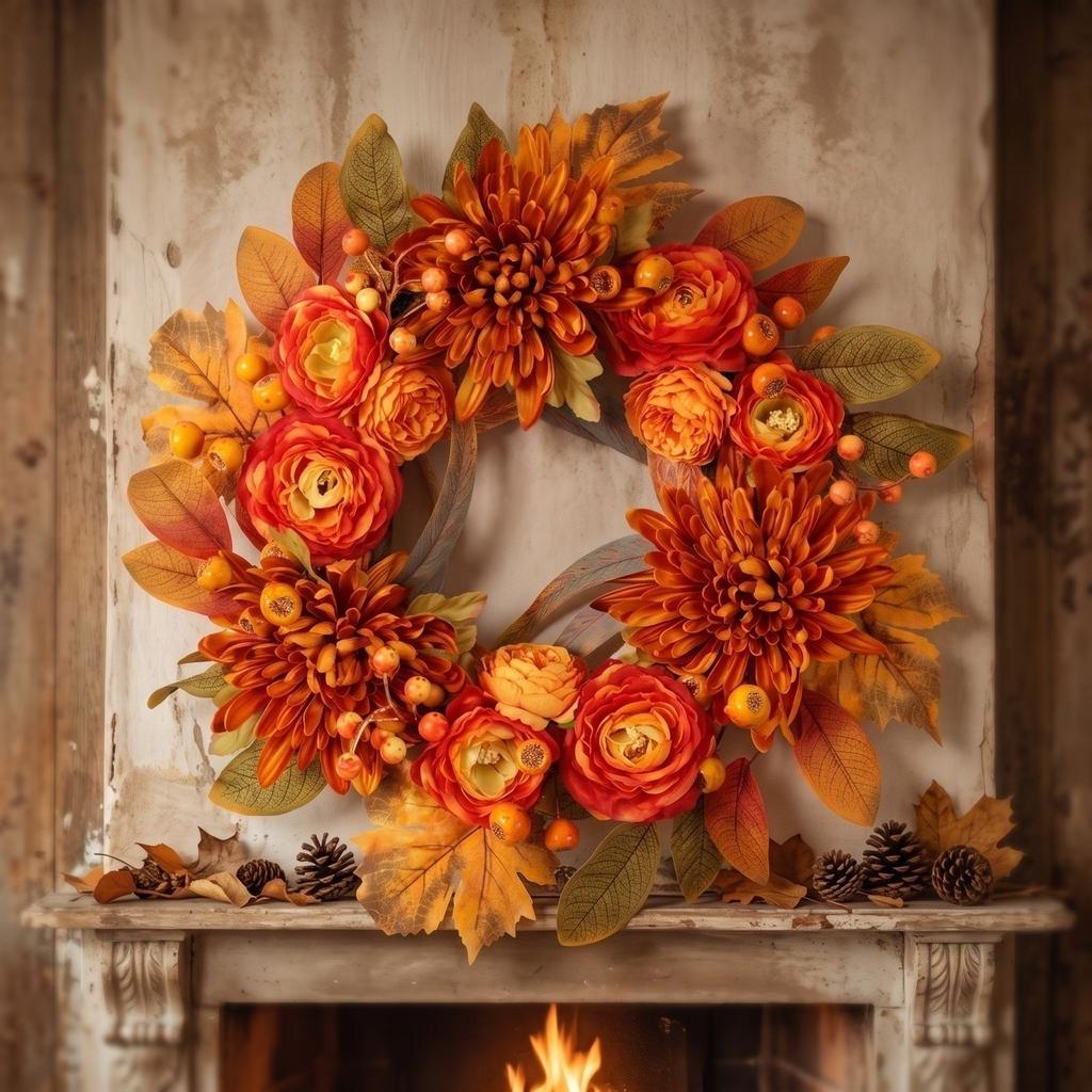 Artificial Fall Wreath Door Hanger 20 Inch - Thanksgiving Decoration with Chrysanthemum, Magnolia Leaves, Maple Leaves
