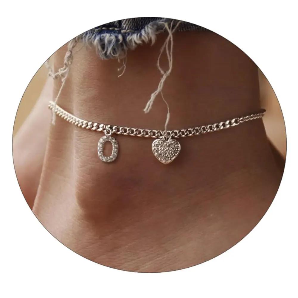 26 Initial Stainless Steel Anklet For Women Crystal Letter Heart Color Chain Ankle Bracelet Summer Jewelry Accessories