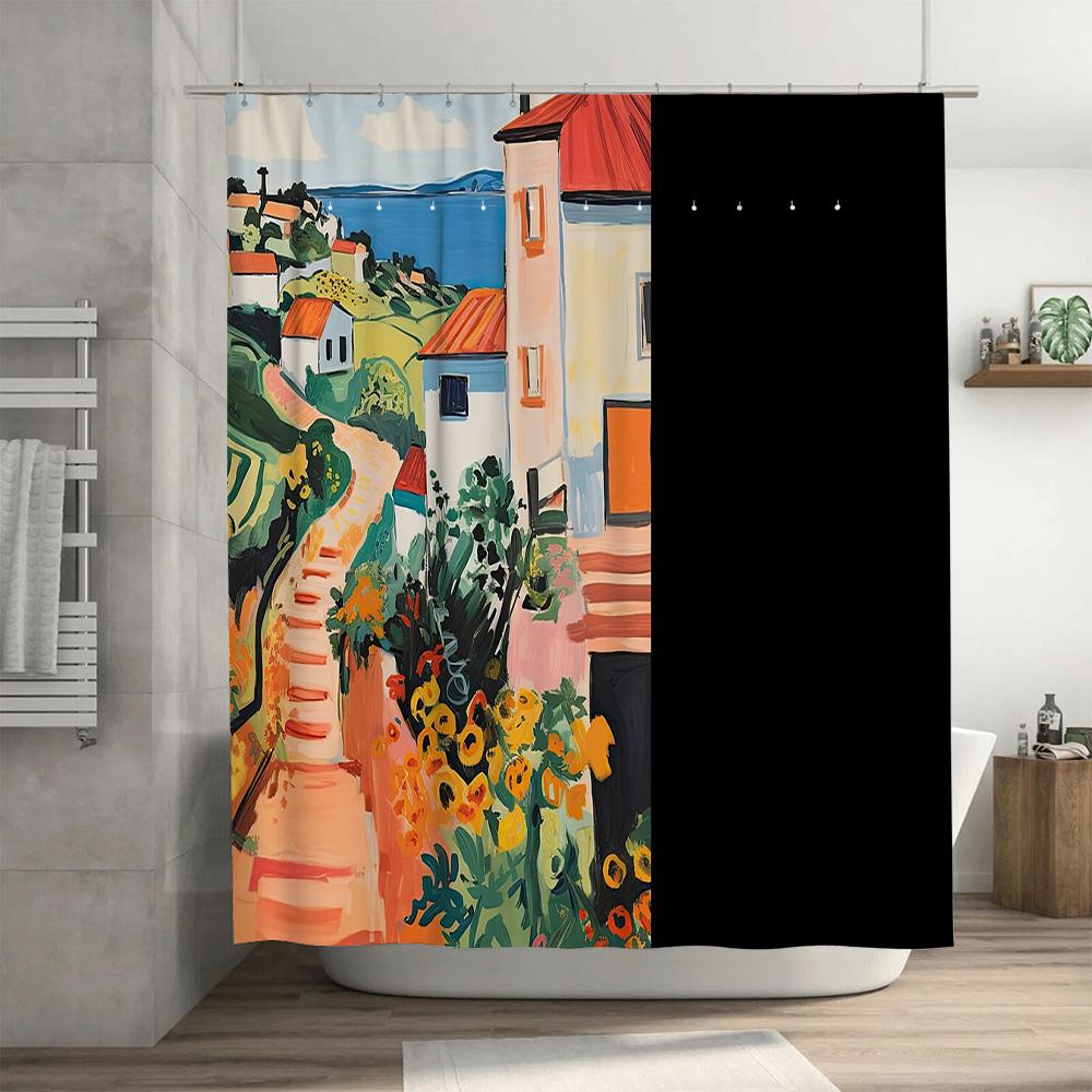Coastal Landscape Shower Curtain Mediterranean Sea View Bathroom Decor Beach Themed Fabric Backdrop Wall Hanging Artistic Home D