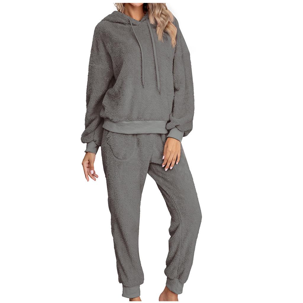 Women Fashion Casual Solid Pockets Plush Long Sleeve Long Pants Home Suit