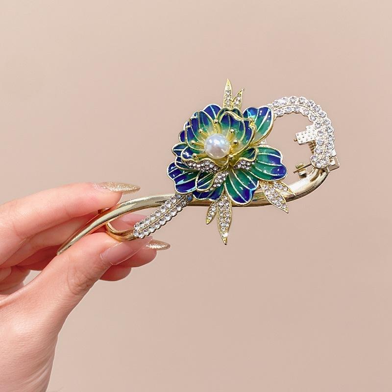 Ancient Temperament Enamel Peony Flower Twist Clip High Sense Painted Flower Light Luxury Hairpin Elegant Pan Head Hair Accessories Women