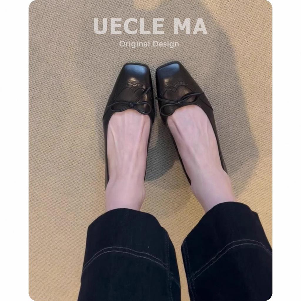 Spot second hair! Leather French single shoes women's spring summer square head evening wind thick heel bow beautiful work shoes