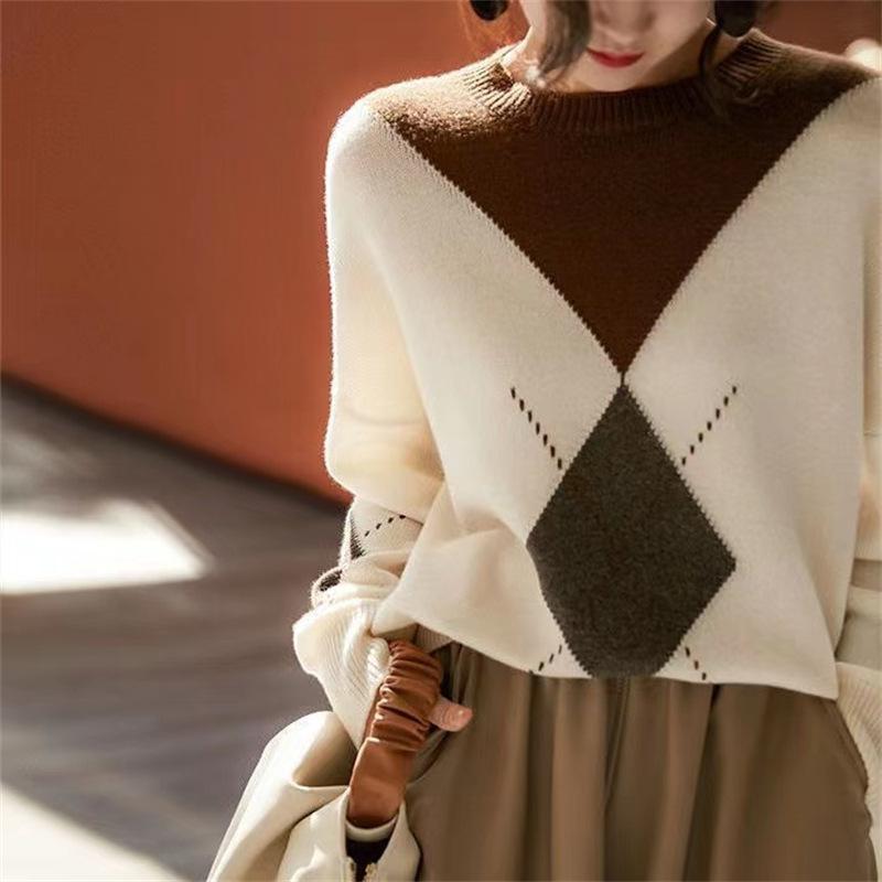 

Осень и зима новая женская одежда больших размеров свитер для ношения под низ модный дизайн жаккарда с цветовым блоком теплый и тонкий вязаный свитер One Size