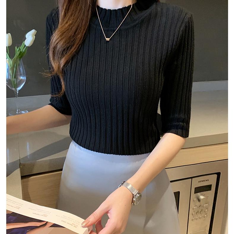 2026 Spring/Autumn Women's Slim Fit Mid-Sleeve Knitwear Pullover Sweater – Gentle Style Short Top