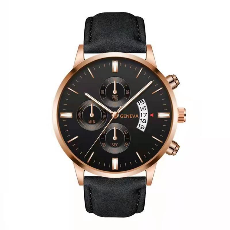 Men'S Fake Three-Eye Belt Calendar Casual Fashion Business Quartz Belt Watch