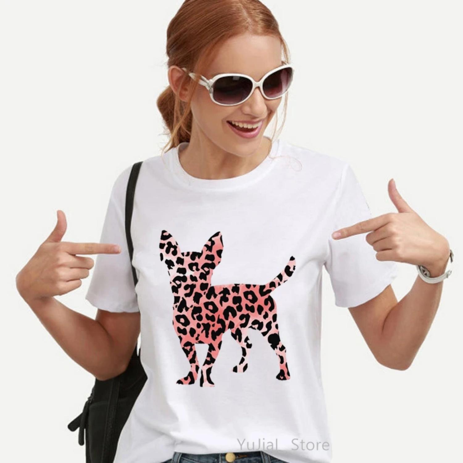 

Watercolor Leopard Chihuahua Animal Print Tshirt Women Clothes 2021 T Shirt Femme Harajuku Shirt Dog Love T-Shirt Female XXXXXL білий