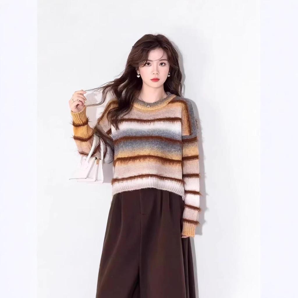 Women's Gradient Striped Patchwork Fuzzy Knit Pullover Sweater, 2025 Design