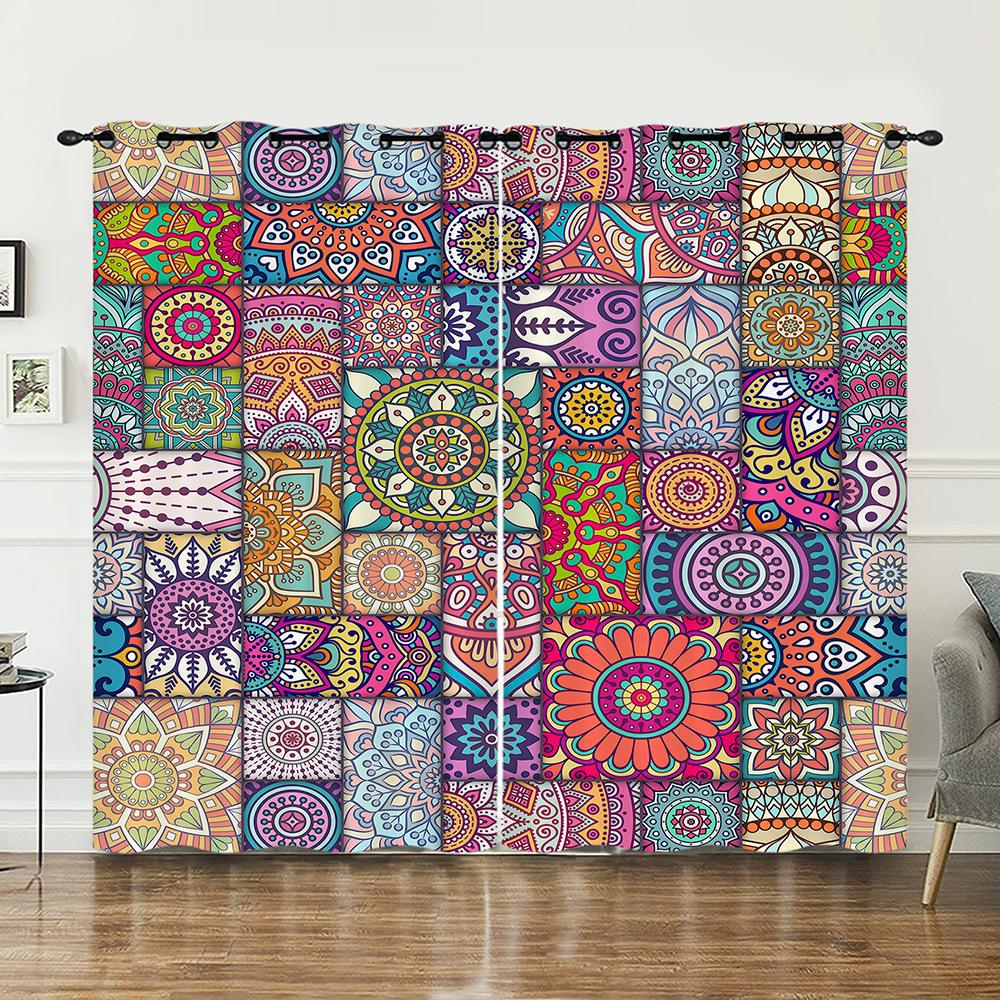 Curtains Bright Bohemian Lattice Sunshade Digital Printing Curtains Blackout No Punching