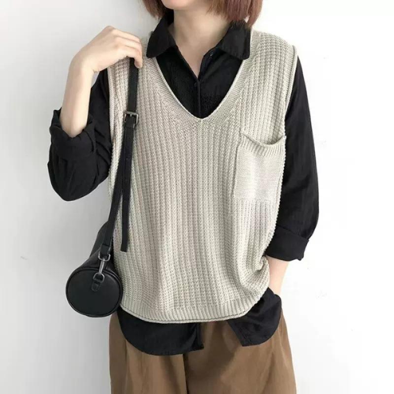 Spring and Autumn Women's Solid Color V-neck Artistic Knitted Vest Plus Size Sweater Vest